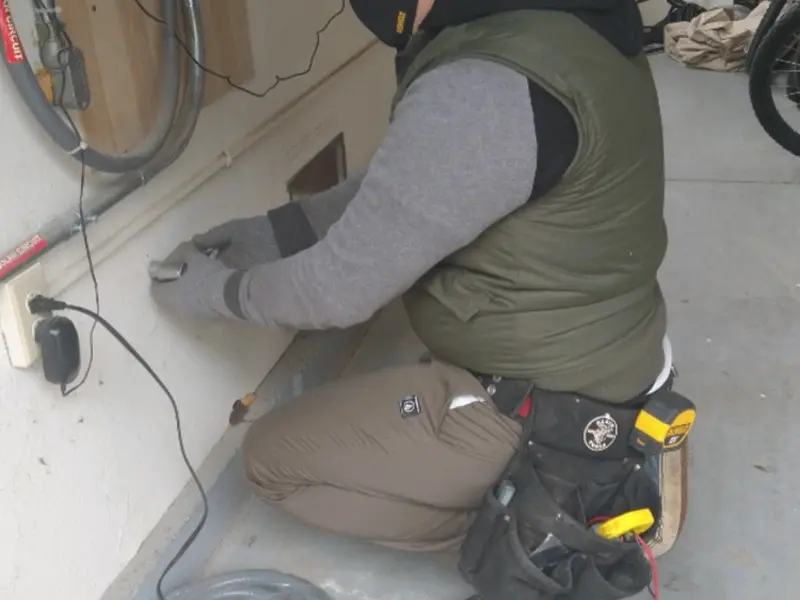 Electrician performing outlet wiring in a Champlin garage